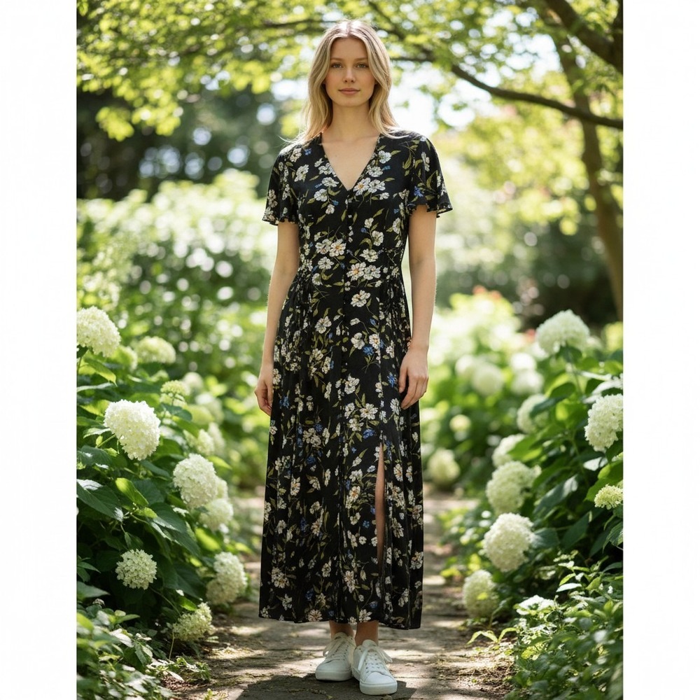 Womens Floral Maxi Dress S Button Front Bodice Mrs. Honey Cottagecore Romantic